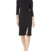 Calvin Klein 3/4 Sleeve Scuba Crepe Sheath Dress With Asymmetrical Neckline & Slit